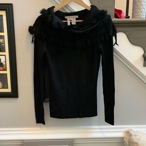 Michelle Renee Black Fur Embellished Ribbed Fitted Sweater sz M EUC Mob Wife